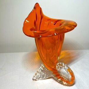 Murano Art Glass Cornucopia Horn Vase Neon Orange 1950s. Vintage